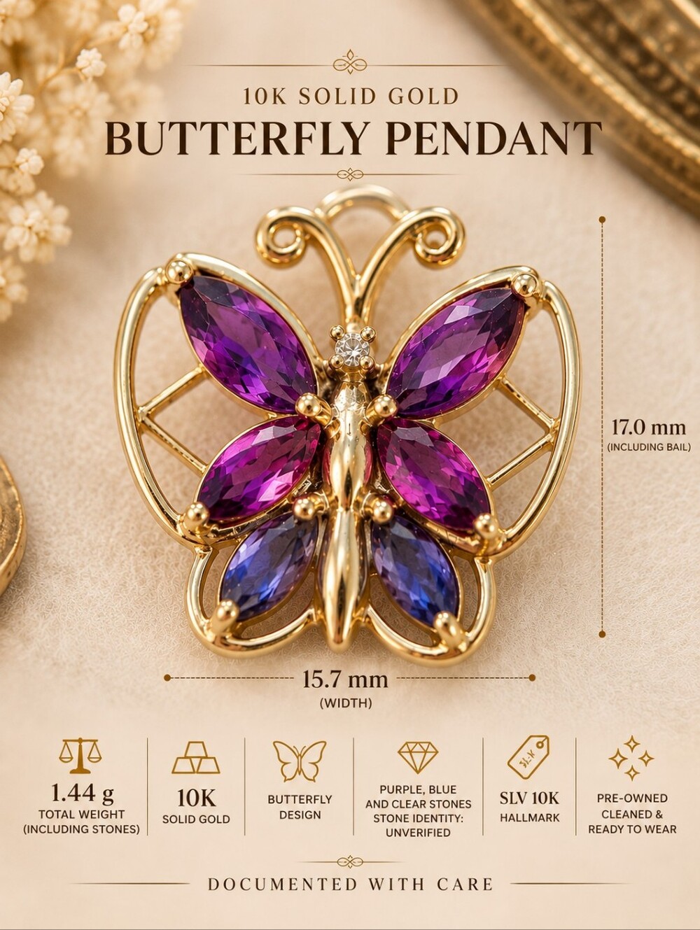10K Solid Gold Butterfly Pendant by SLV • Purple Stones • 1.44g